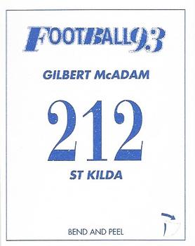 1993 Select AFL Stickers #212 Gilbert McAdam Back